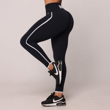LEGGING BELT EMPINA BUMBUM PRETA COM ELÁSTICO BRANCO