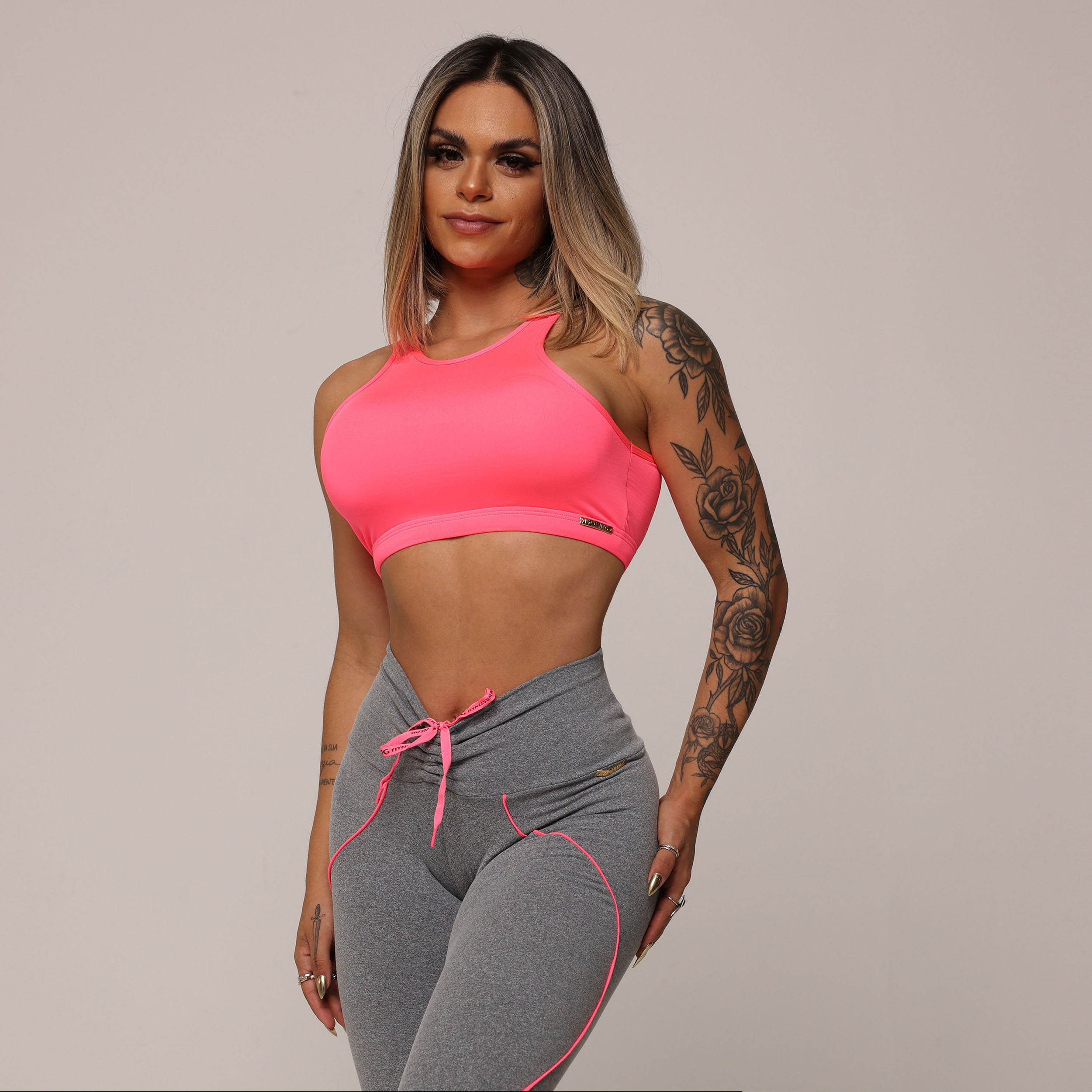 LEGGING LINEAR EMPINA BUMBUM MESCLA COM CADARÇO ROSA NEON - Imagem 4