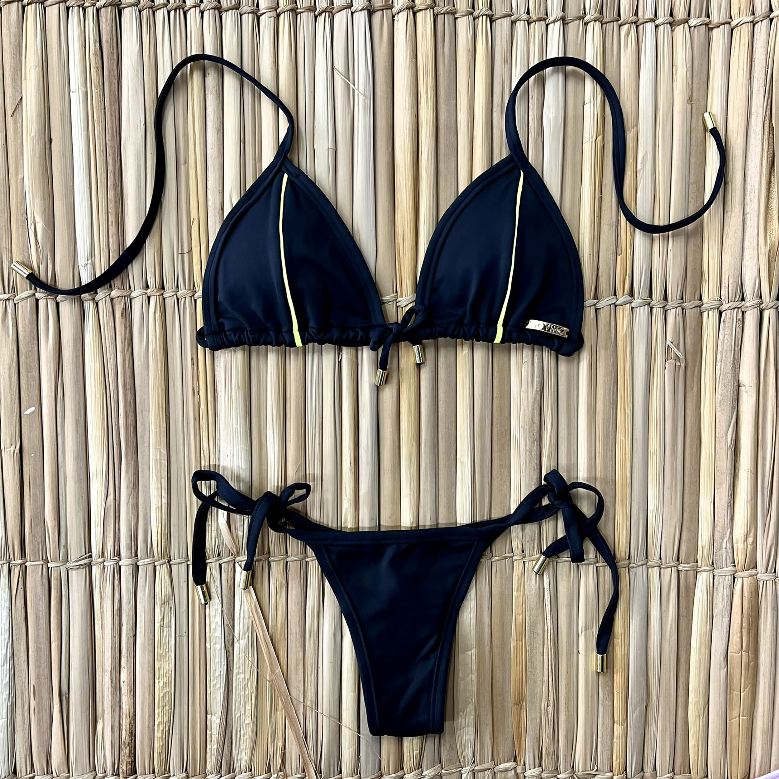 BIQUÍNI CORTININHA PRETO COM CALCINHA LAÇO DETALHE AMARELO NEON - Imagem 3